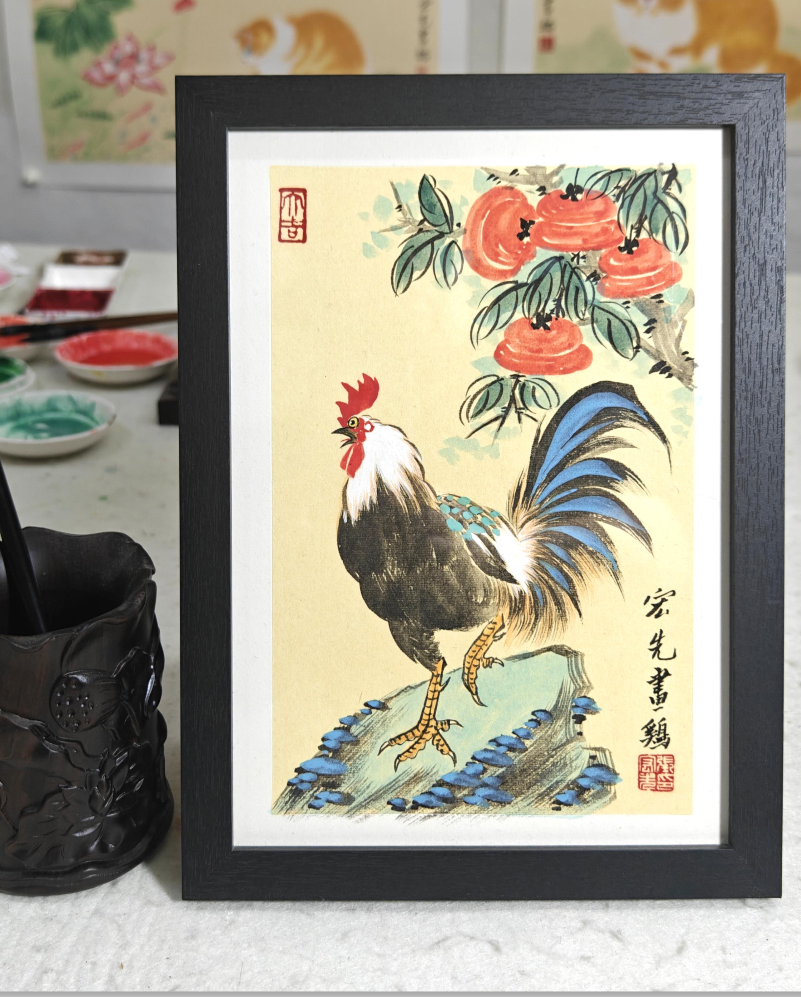 摆台纯手绘公鸡大吉大利名家亲笔收藏级国画客厅书房茶社装饰画