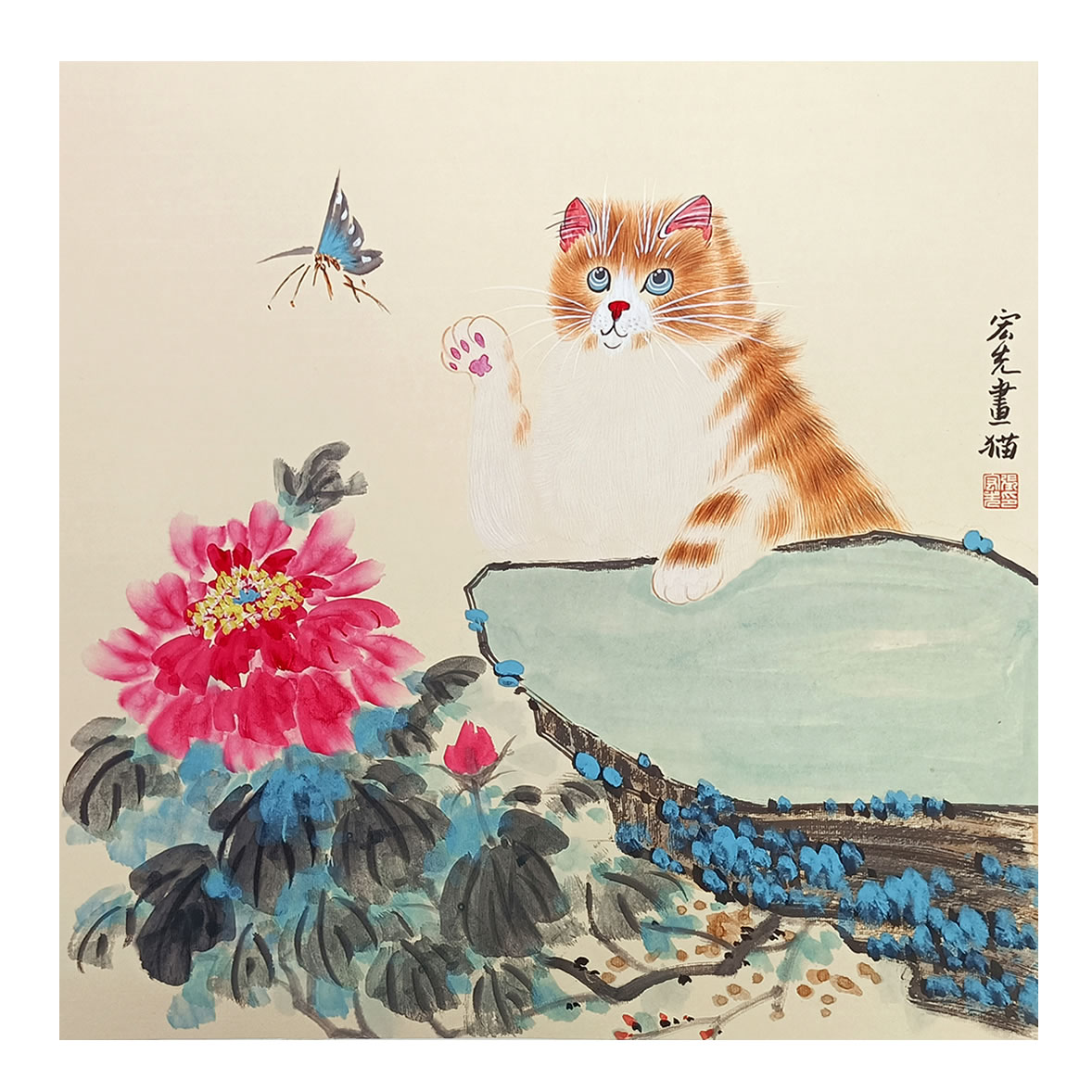 画猫名家张宏先纯手绘原创真迹工笔小猫50斗方卡纸客厅房间挂字画