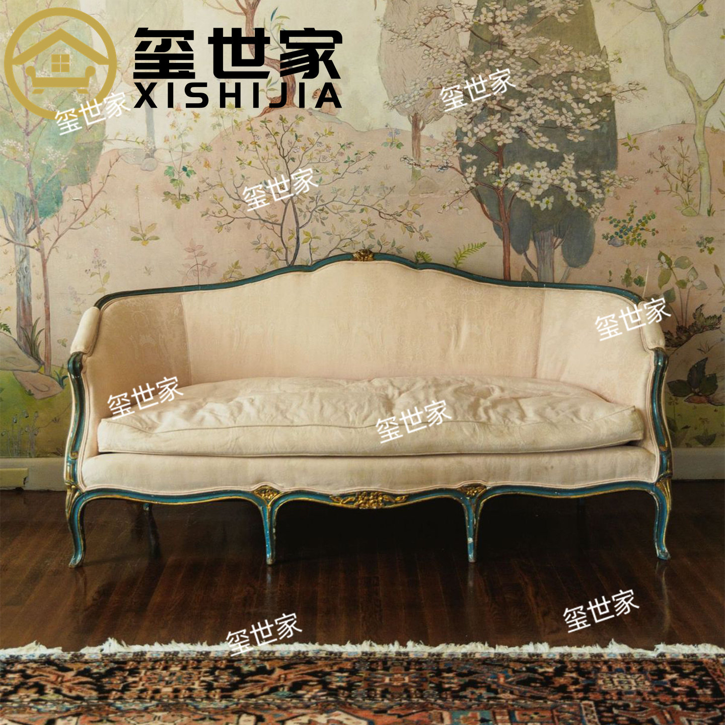 玺世家 美式复古风做旧实木沙发 三人位雕花沙发 米色提花布沙发
