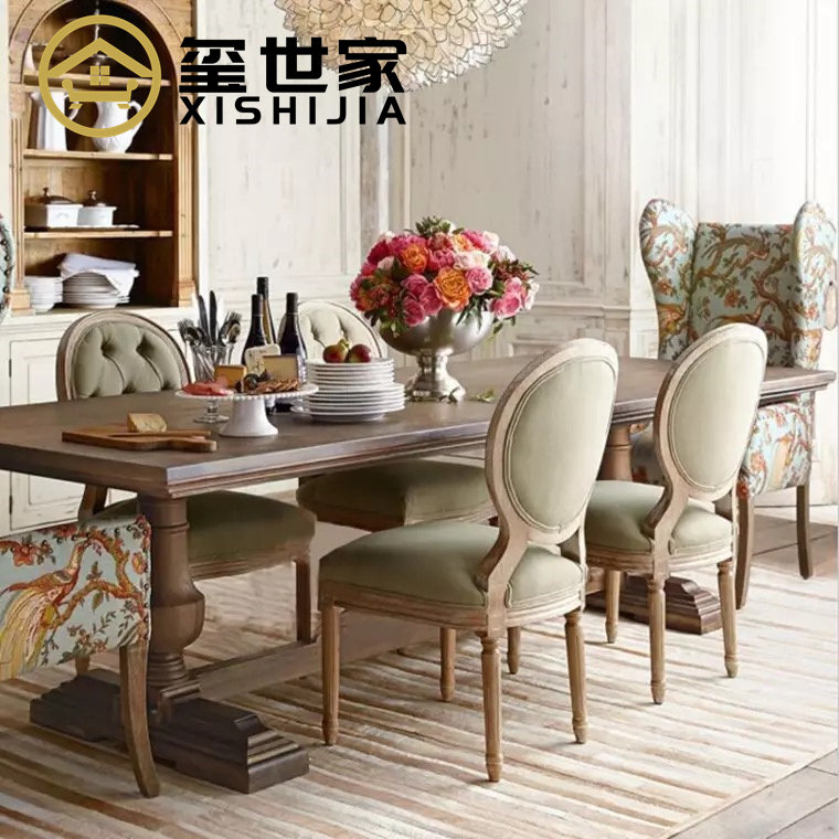 美式实木餐桌椅组合家用小户型客厅饭桌长方形罗马柱复古咖啡桌