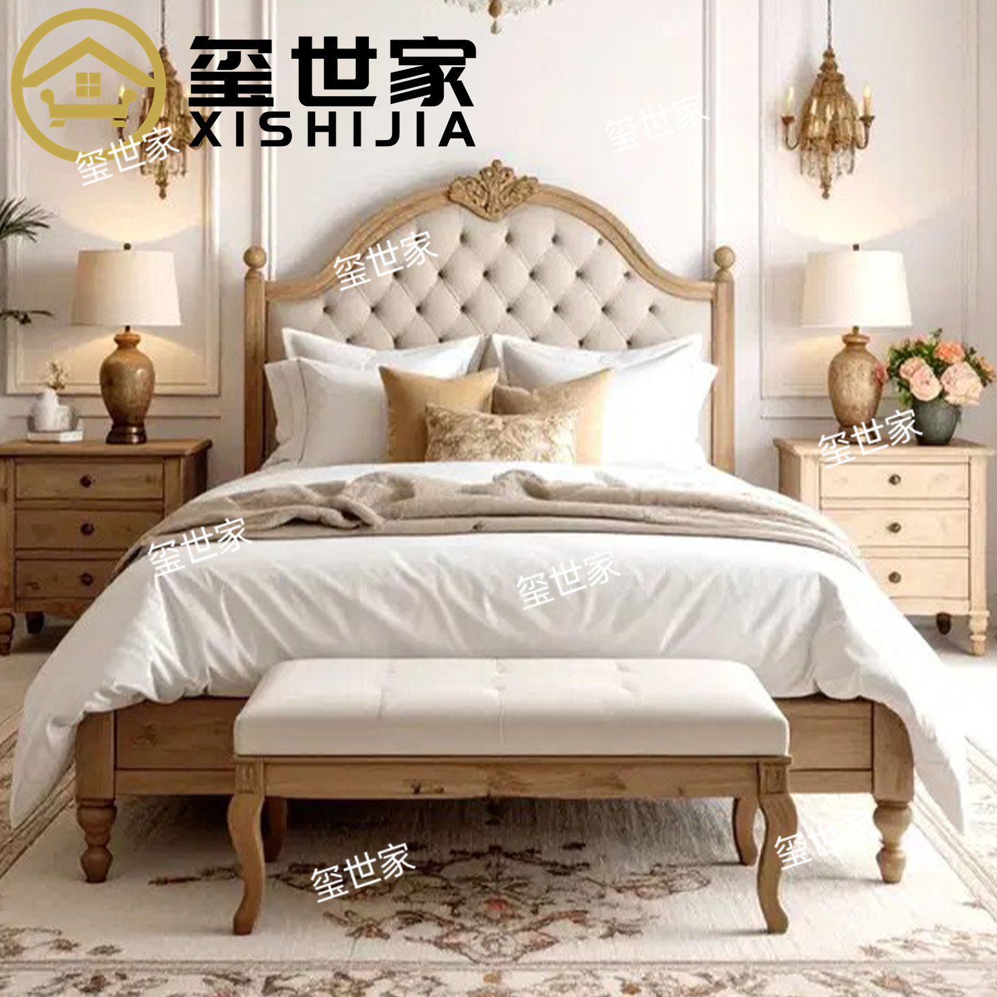 美式雕花实木床1.8米软包拉扣床