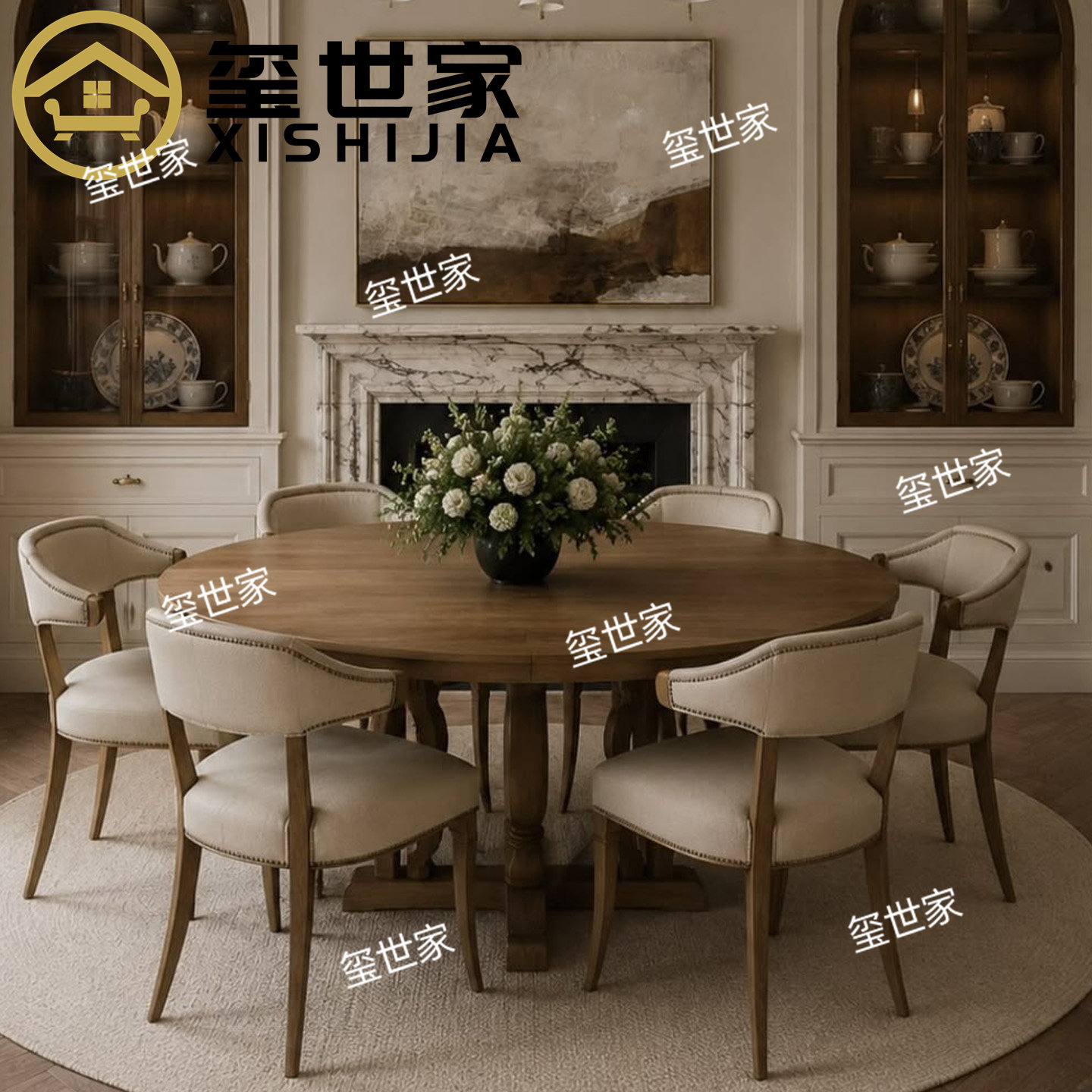 玺世家 美式复古风实木圆形餐桌 家用餐桌椅组合 餐厅白蜡木饭桌