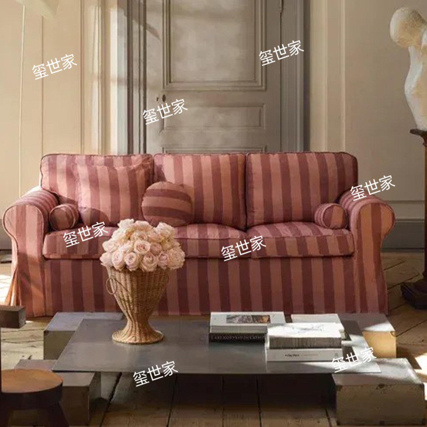 玺世家 美式复古红色条纹布艺沙发 小户型家用三人沙发 客厅家具