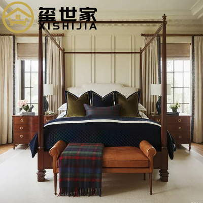 美式复古雕花实木床罗马柱双人床