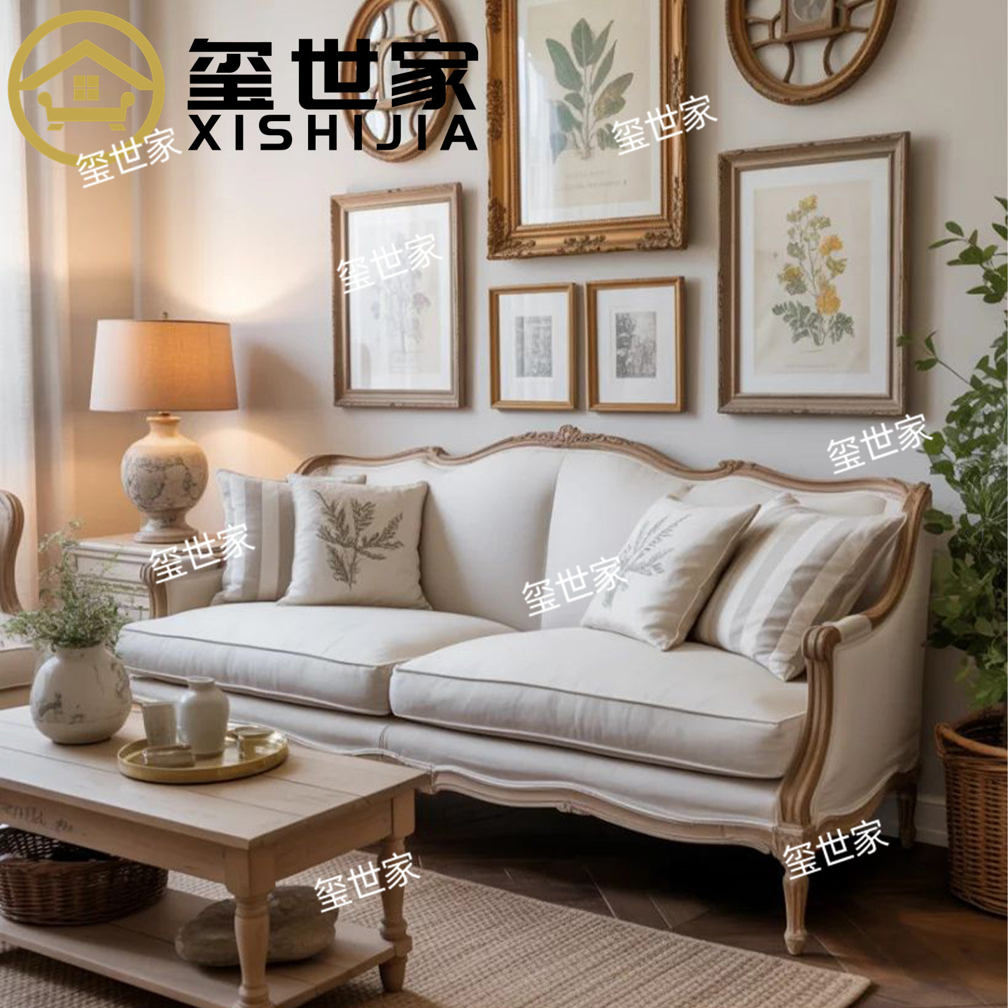 玺世家 美式复古实木沙发 雕花米白色麻布沙发 三人沙发 客厅家具