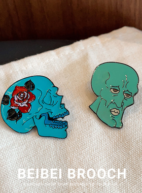 卡通创意绿色金属胸针肌肉章鱼哥玫瑰花骷髅头衣服背包个性配饰品