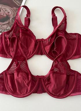 新品~大码DEF欧美外贸光面超薄文胸!新年红网纱拼接牛奶丝内衣罩