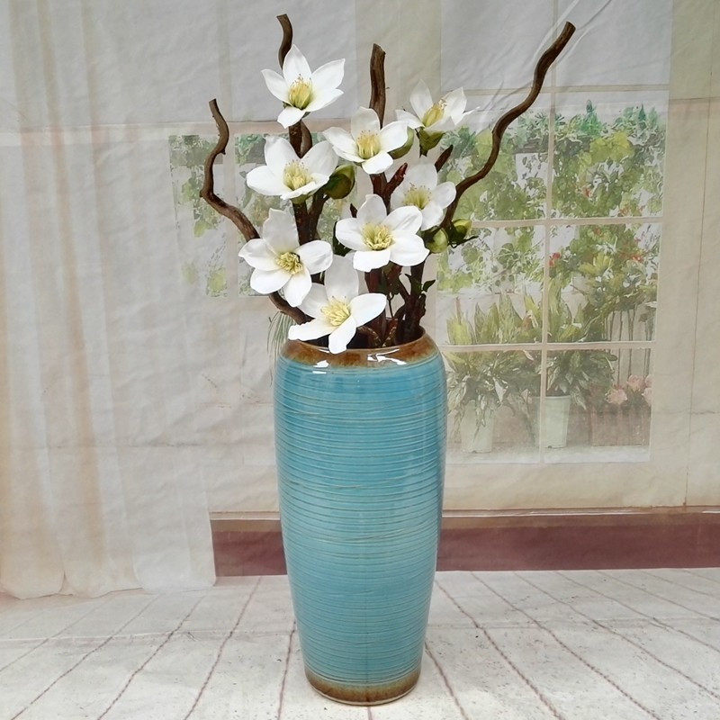 蓝色乱纹线条落地花瓶干花插花瓶简约现代客厅酒店摆件颜色釉陶罐