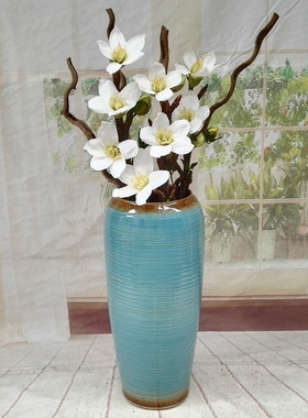 蓝色乱纹线条落地花瓶干花插花瓶简约现代客厅酒店摆件颜色釉陶罐