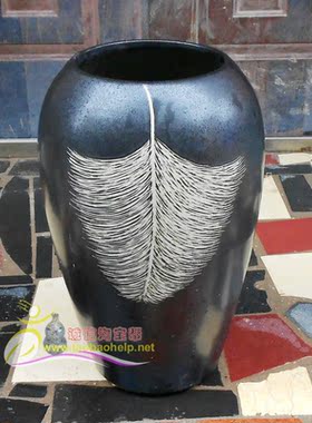 现代时尚黑色落地花瓶富贵竹干花羽毛插花瓶家居客厅摆件装饰陶罐