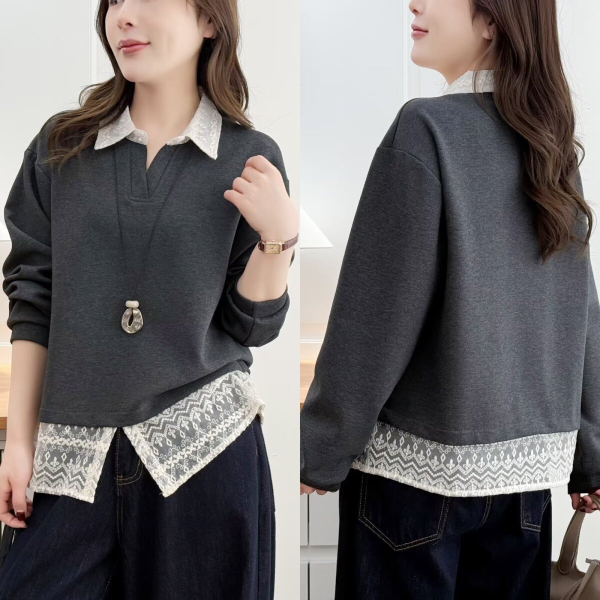 大码女装遮肚子蕾丝拼接翻领卫衣韩版洋气减龄宽松百搭上衣2601