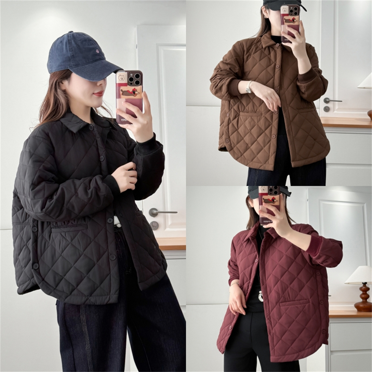 显瘦保暖棉服外套翻领菱形格棉袄