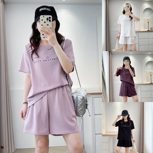 大橘子大码胖mm休闲印花圆领T恤女夏季新款高腰显瘦短裤运动套装