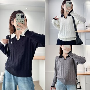 撞色翻领减龄百搭毛衣麻花刺绣针织衫 遮肚子胖mm秋款 9968 女装 大码