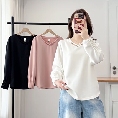 大码女装遮肚子春装宽松遮肚显瘦T恤女长袖交叉领打底衫上衣2609