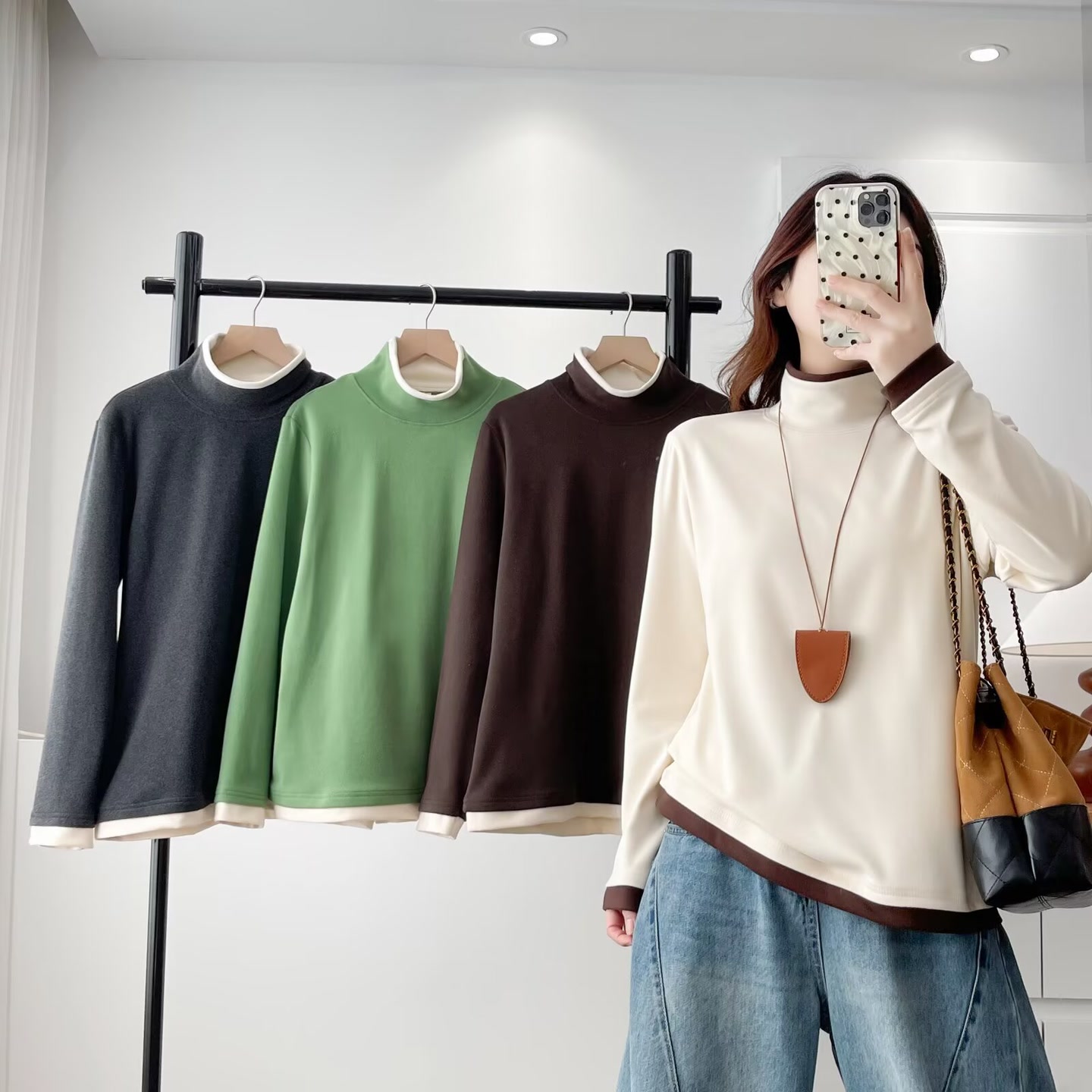 拼色加厚德绒打底衫遮肚保暖上衣