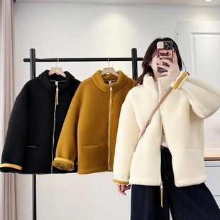 韩版 遮肚子冬装 保暖上衣设计感立领撞色颗粒绒外套6126 女装 大码