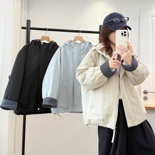 宽松棉服女格子袖 遮肚子冬季 拼接连帽夹棉派克服外套2565 女装 大码