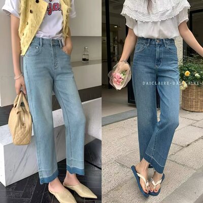 洋气高腰显瘦毛边直筒牛仔裤女