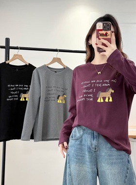 大码女装遮肚子韩系卡通印花双面绒长袖T恤秋冬内搭打底上衣6002