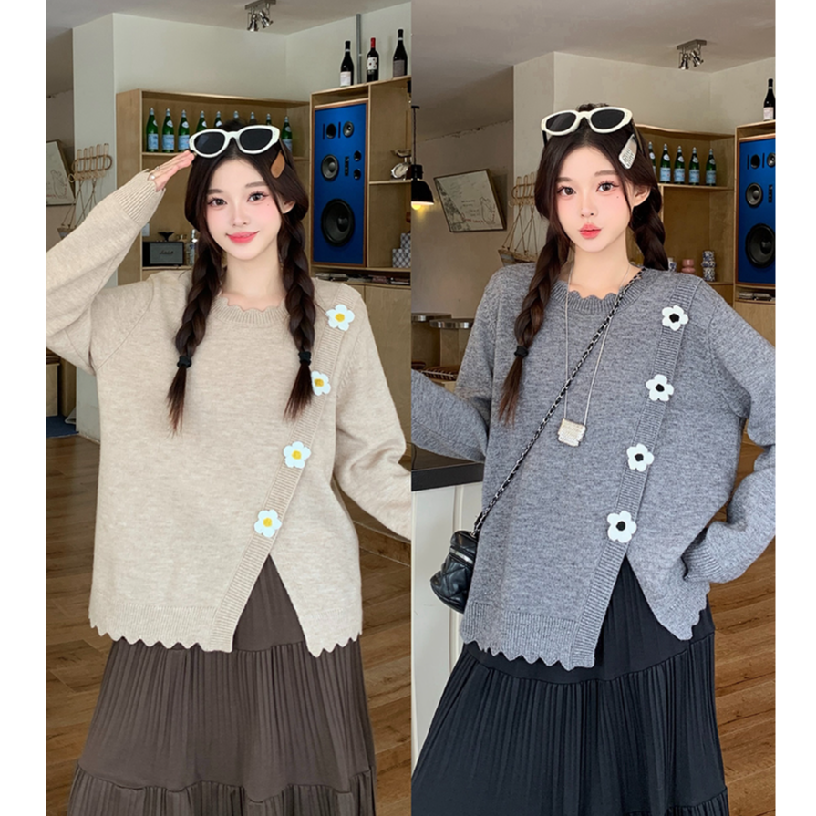 洋气立体花朵波浪边减龄针织衫