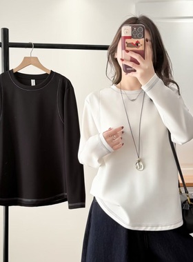 大码女装遮肚子设计感正肩圆领明线风T恤春季百搭打底衫上衣6002