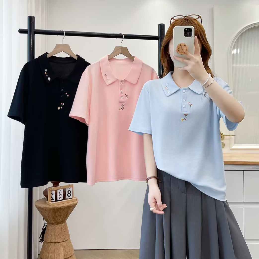 大码胖mm洋气百搭显瘦减龄绣花POLO衫女夏季新款休闲宽松上衣3020 - 实物图