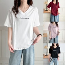 大橘子大码 胖mm百搭显瘦字母印花V领T恤女夏季减龄宽松藏肉上衣