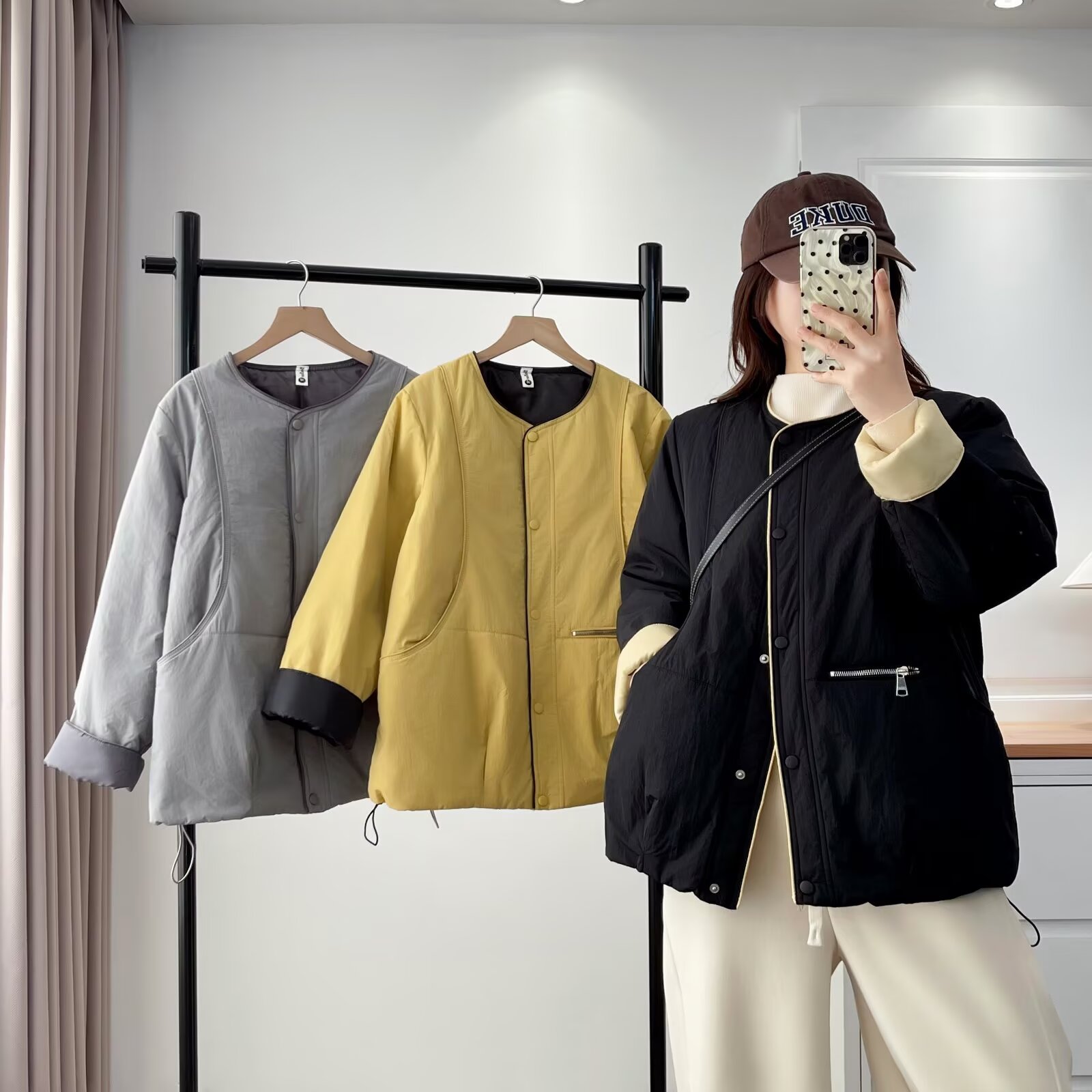 大码女装遮肚冬装新款撞色拼接棉服宽松显瘦圆领拉链棉衣外套090