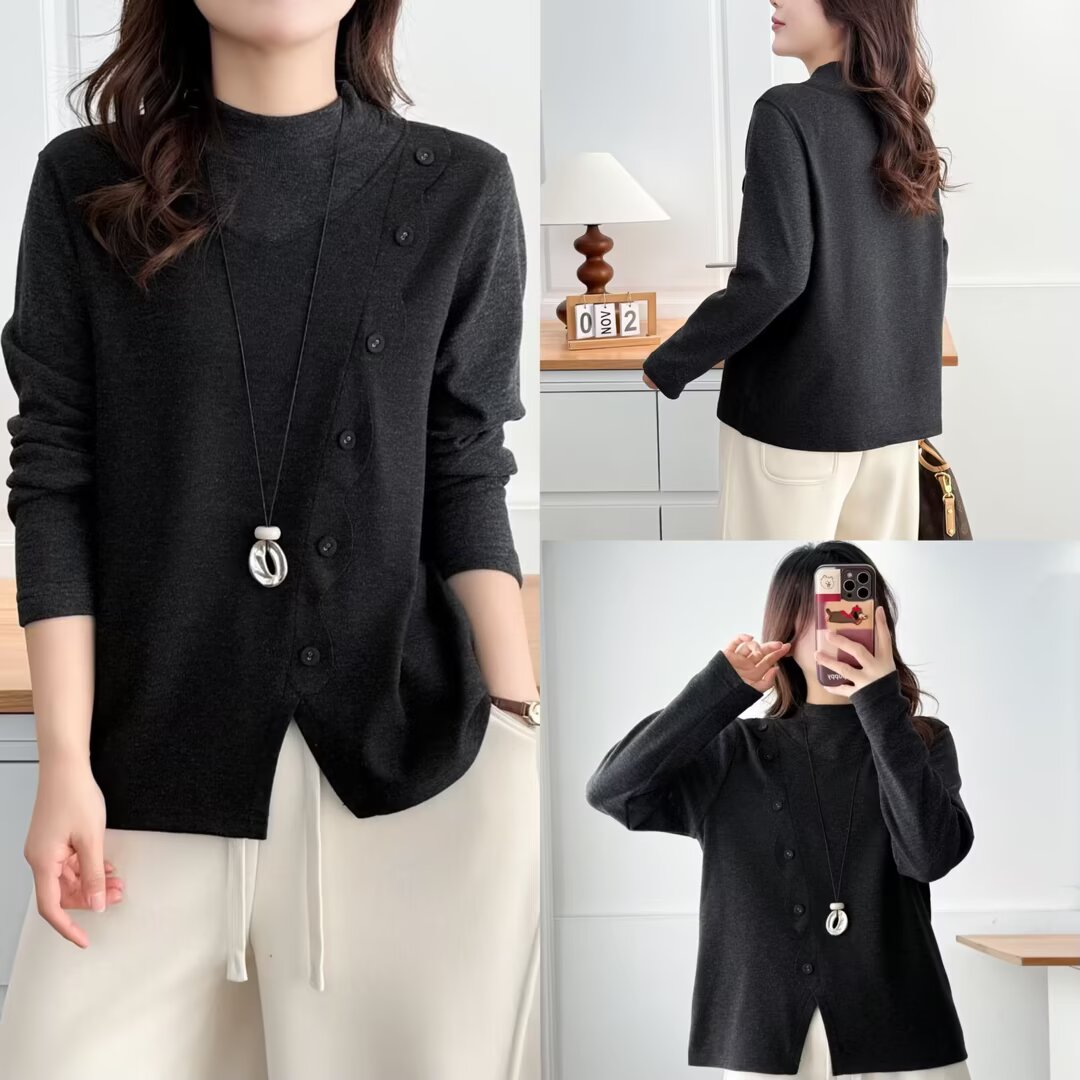 大码女装遮肚子秋冬宽松显瘦开叉打底衫不规则波浪加绒上衣女2592