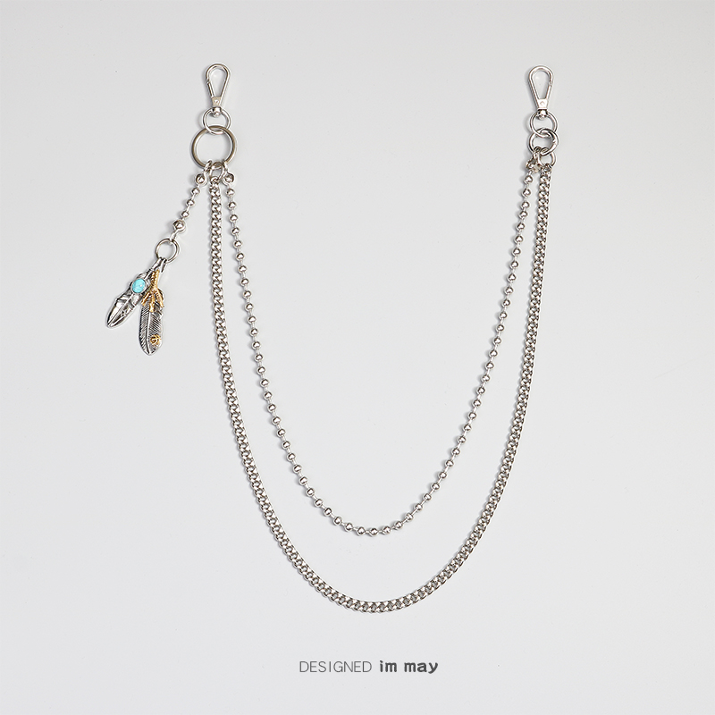 复古羽毛嘻哈双层可拆卸金属裤链男潮腰链子配饰裤子挂链装饰挂件