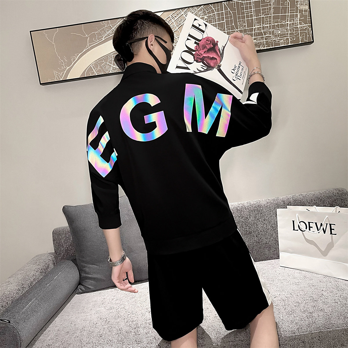 EGM半袖拉链T恤+短裤时尚套装休闲套装男A328-2072-P95控135,男装休闲套装,星座406