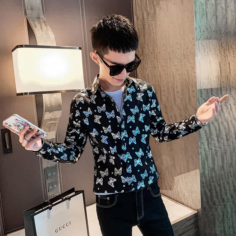 长袖衬衫蝴蝶印花衬衣打底衫秋冬新款外套社会小伙A328-20351-P55,男装衬衫,星座406