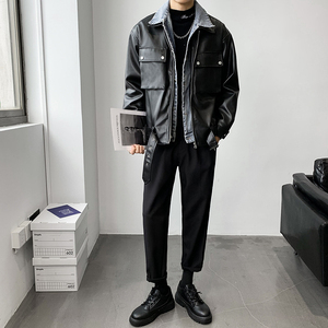 秋冬新款牛仔边假两件皮衣外套男宽松休闲A328-21772-P180控245图片