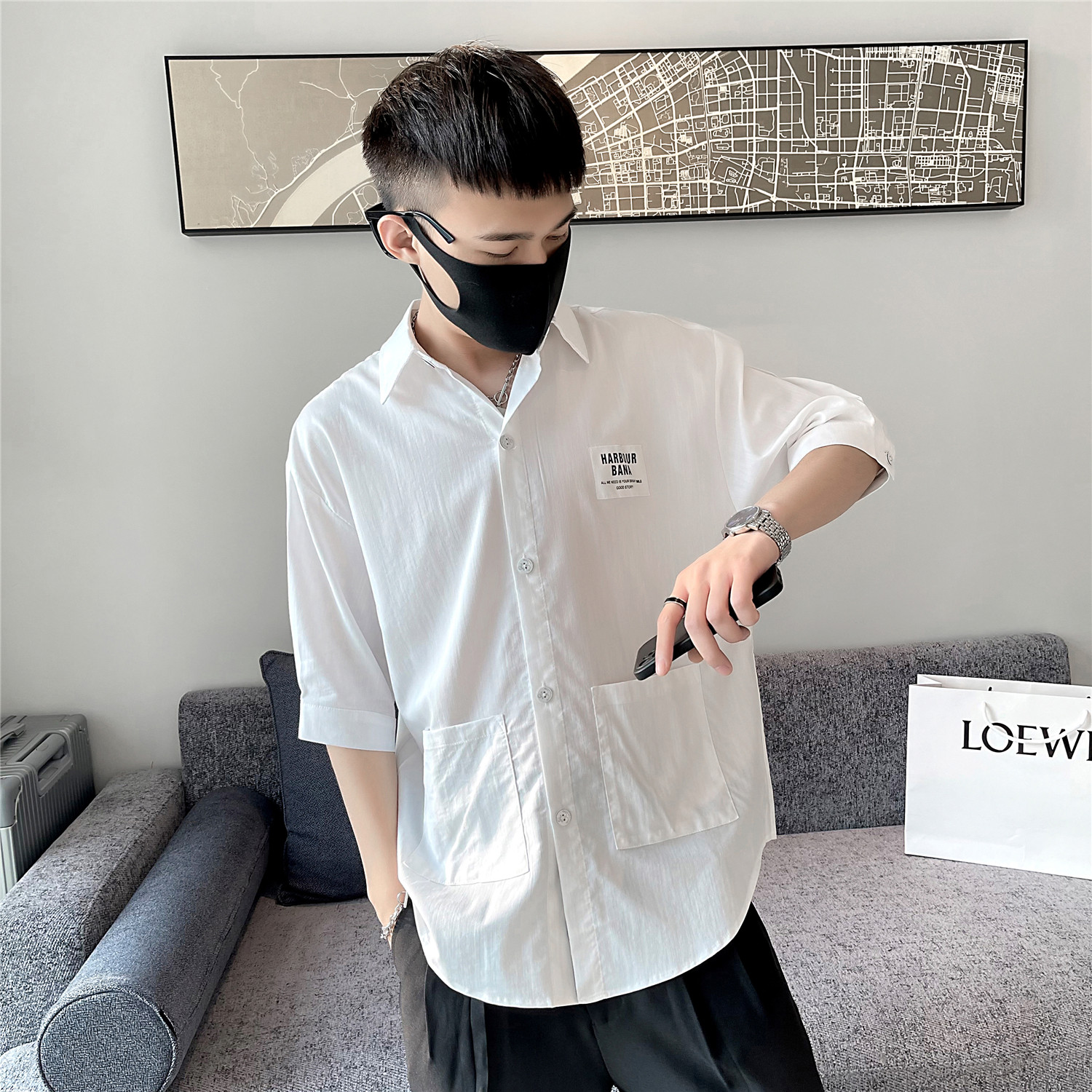 夏季港风日系宽松半袖衬衫短袖痞帅慵懒外套A328-21305-P55-控75,男装衬衫,星座406
