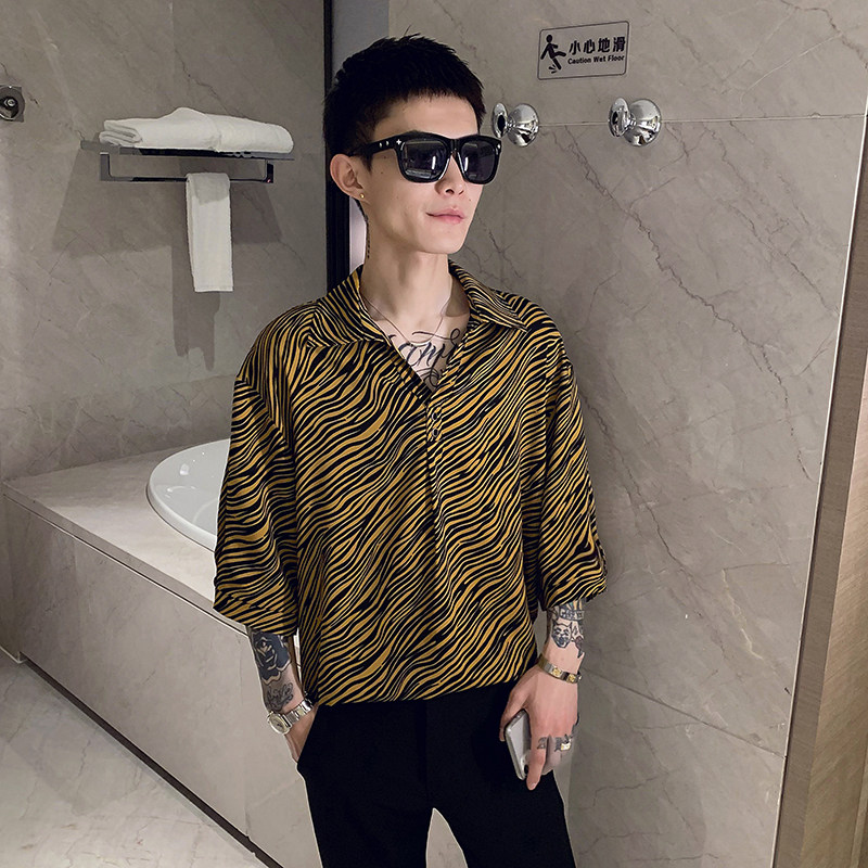 夏季新款短袖衬衫豹纹花纹套头社会小伙上衣A328-21301-P50K75,男装衬衫,星座406