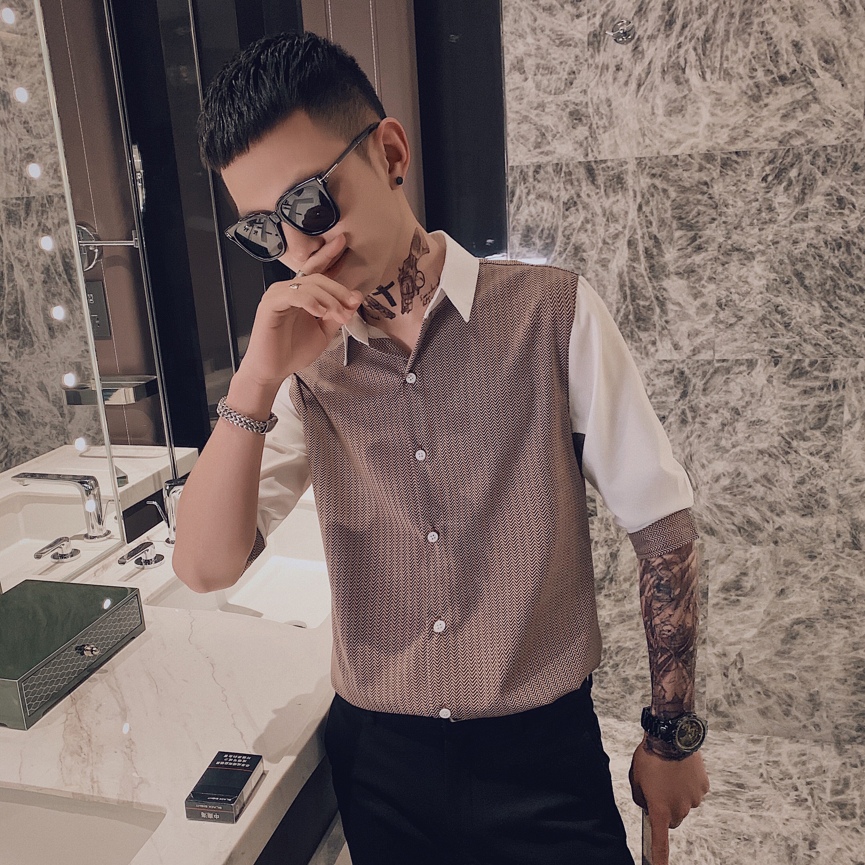 夏季新款拼接衬衫中袖衬衣社会小伙外套A328-20388-P55,男装衬衫,星座406