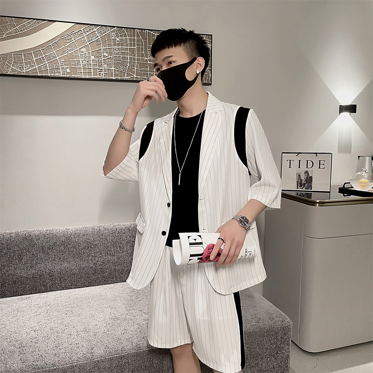 夏季轻熟风条纹短袖半袖西装外套男短裤套装A328-21121-P105控145图片