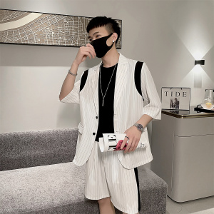 夏季轻熟风条纹短袖半袖西装外套男短裤套装A328-21121-P105控145图片