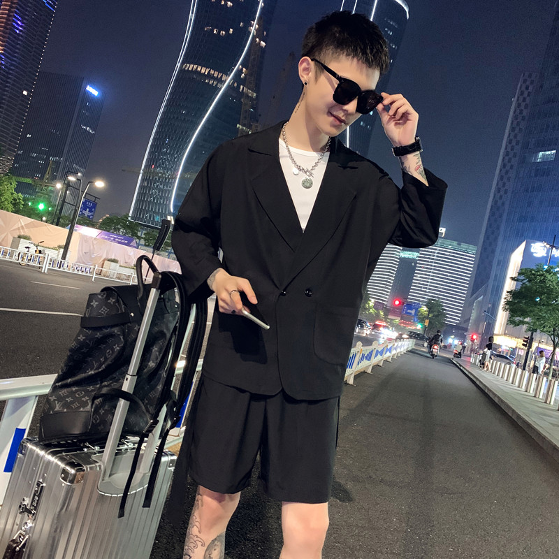 大码宽版小西服套装社会小伙短裤短袖两件套A328-2075-P85控115,男装休闲套装,星座406