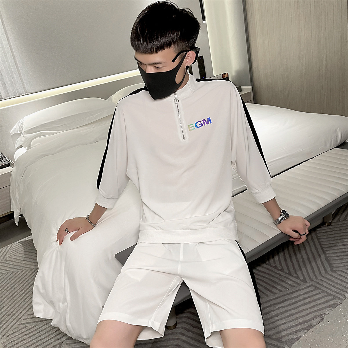 EGM半袖拉链T恤+短裤时尚套装休闲套装男A328-2072-P95控135,男装休闲套装,星座406