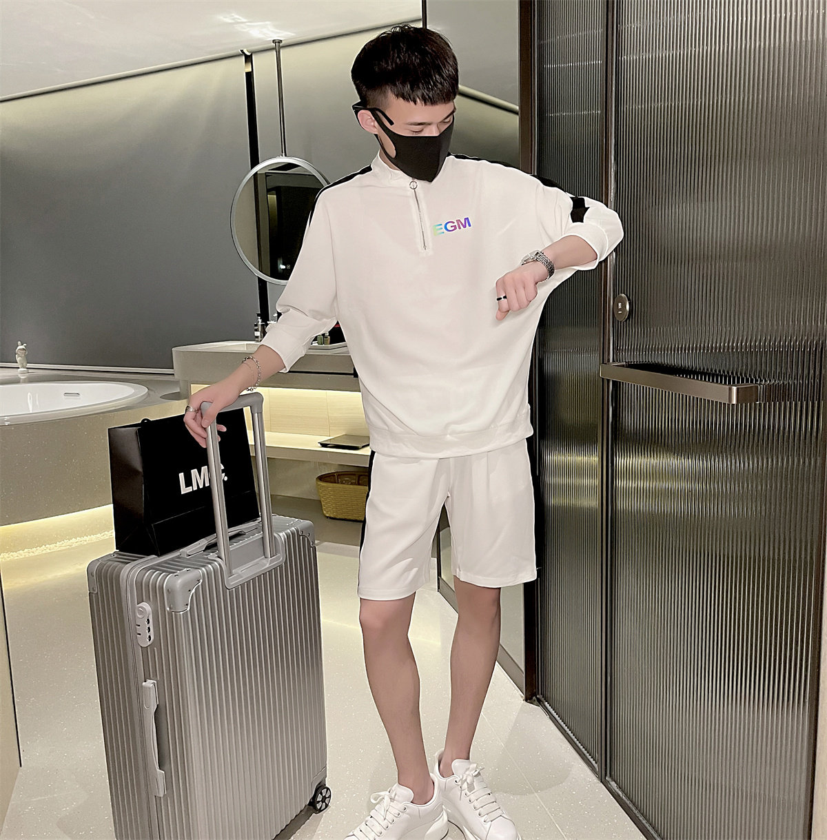 EGM半袖拉链T恤+短裤时尚套装休闲套装男A328-2072-P95控135,男装休闲套装,星座406
