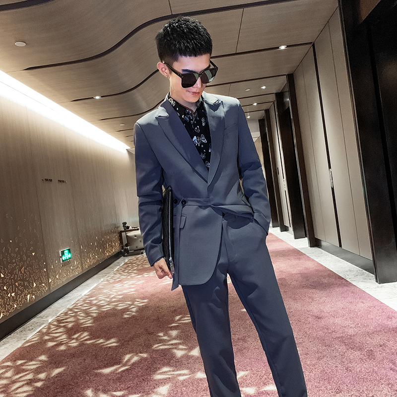 秋冬款纯色小西装半腰带双排扣社会小伙西服套装A328-20332-P165，男装西服套装，电商A328