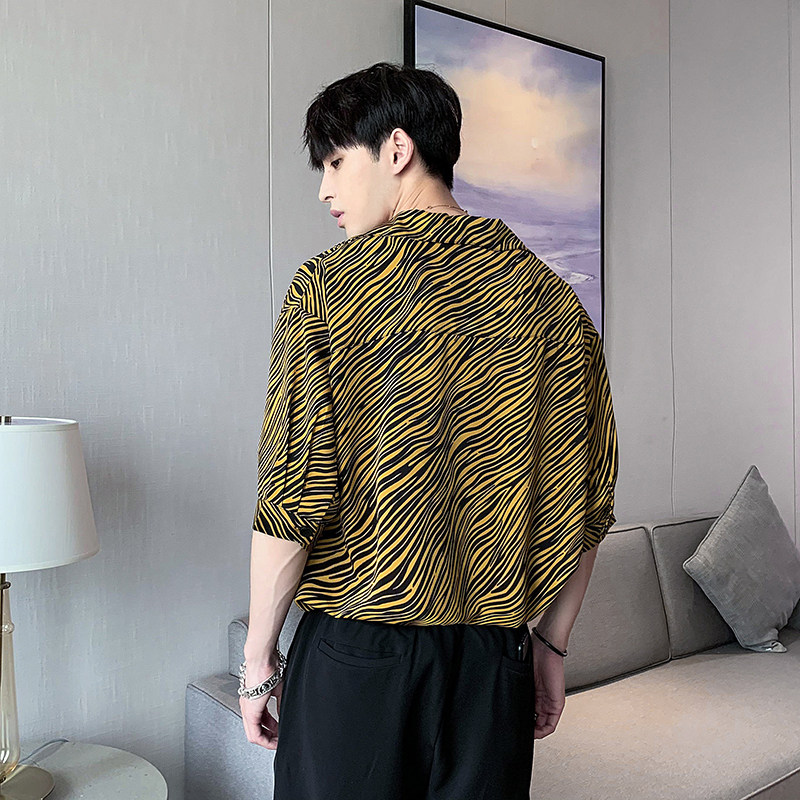 夏款短袖花衬衫豹纹休闲无头风贴标上衣A328-21302-P50K75,男装衬衫,星座406