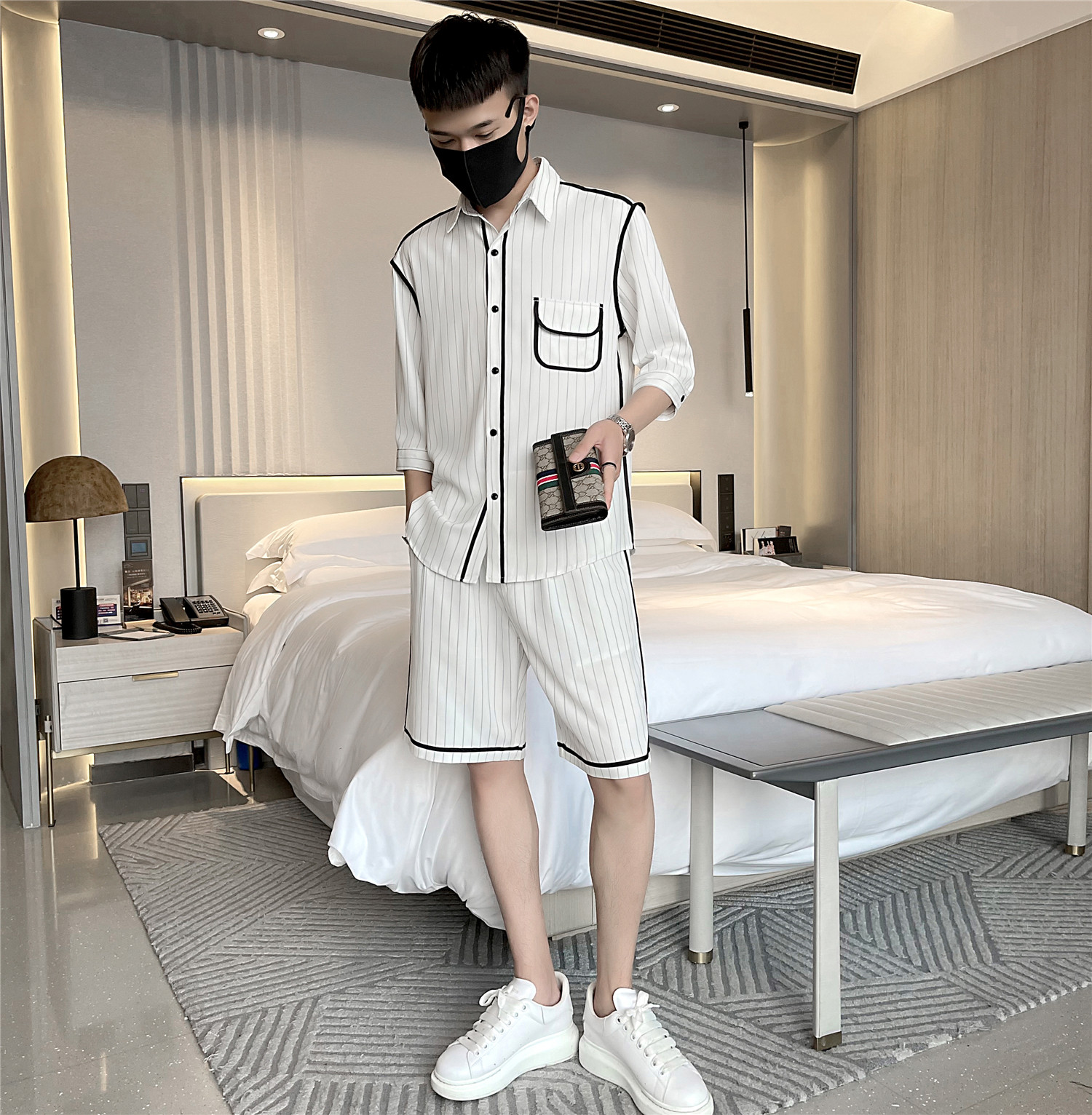 韩版休闲夏季新款条纹中袖衬衫+短款套装男A328-21310-p105控145图片