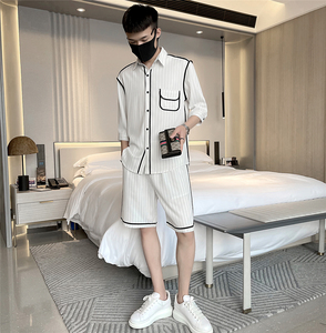 韩版休闲夏季新款条纹中袖衬衫+短款套装男A328-21310-p105控145图片