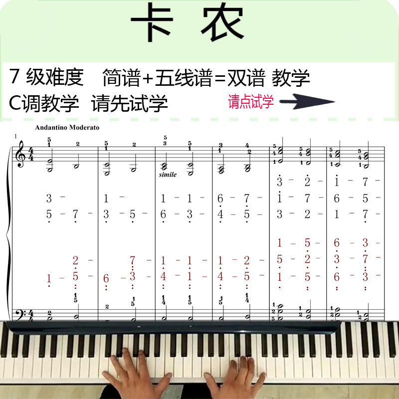 卡农C调钢琴视频教学自学教程有简谱五线谱钢琴一加一