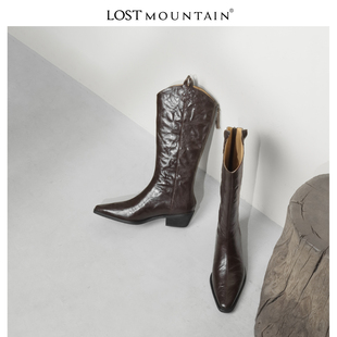 孤山定制手抓羊皮显瘦骑士靴不过膝高靴女2023新款粗跟大码西部靴