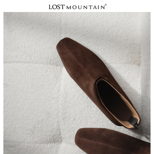 孤山定制法式方头黑色短靴女粗跟靴子2024秋冬新款软皮瘦瘦靴大码