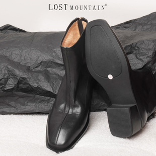 孤山定制水洗牛皮大码短靴百搭高跟瘦瘦靴女2024新款方头烟筒单靴